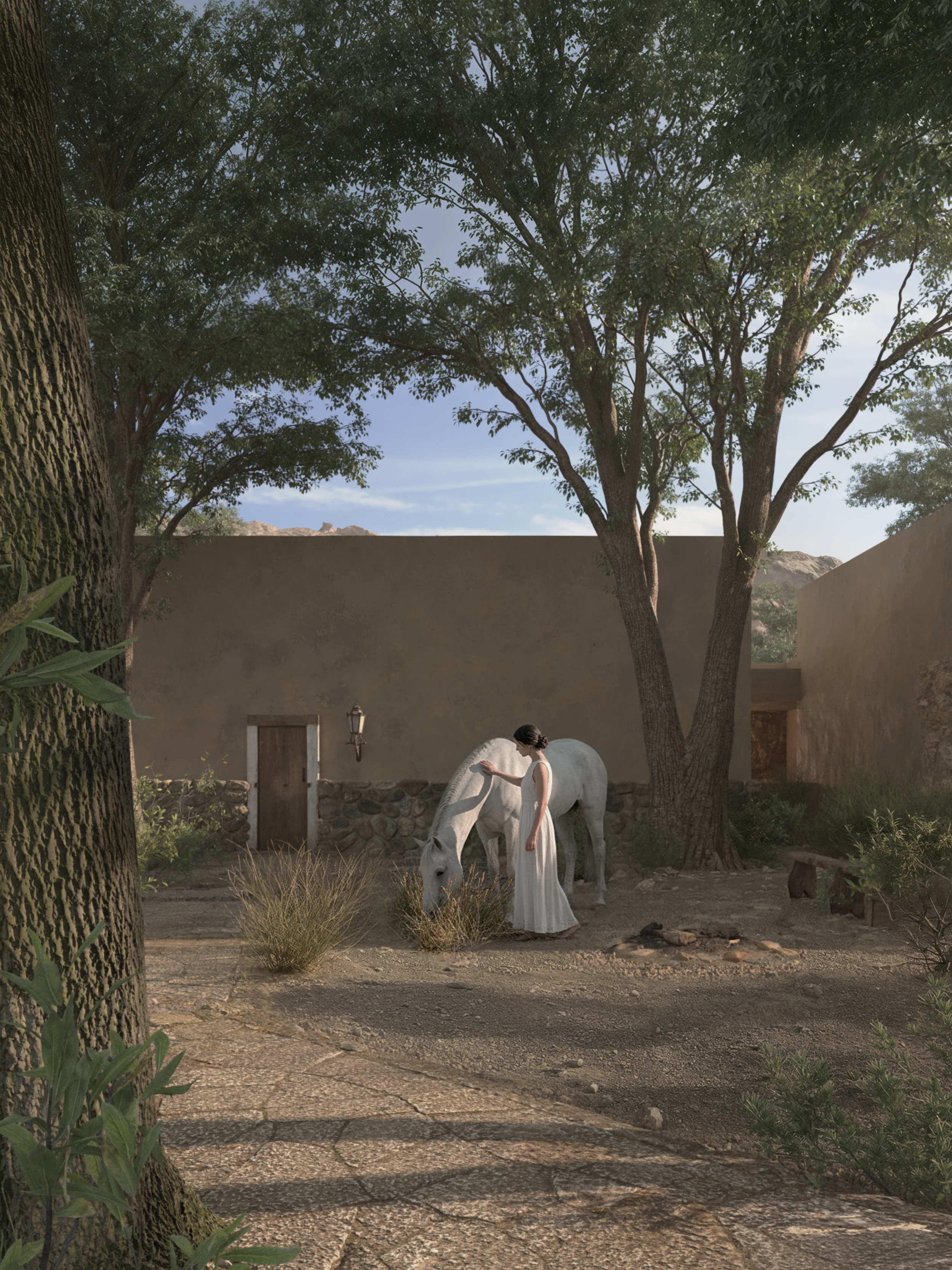 Architect-Led architectural render — rural adobe house with inhabited scene, example of architectural mindset