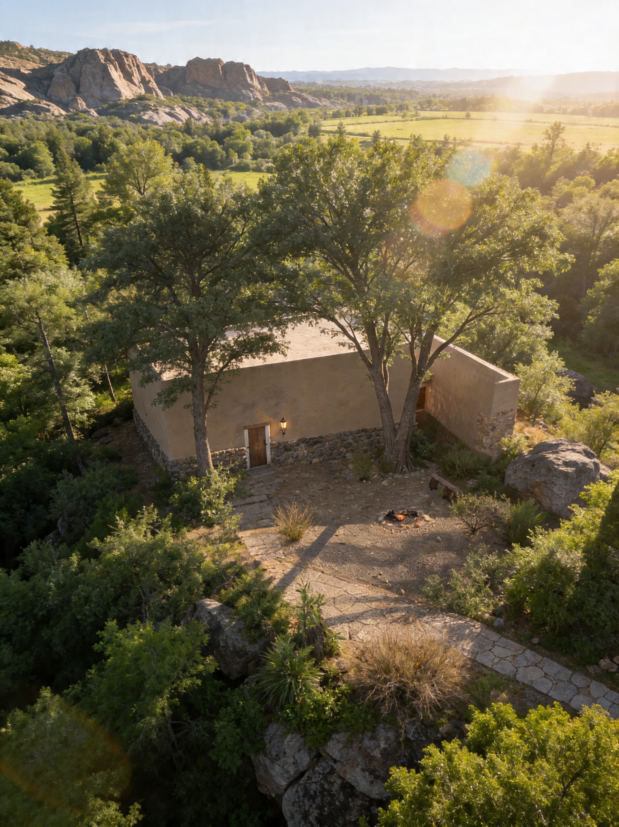 Aerial architectural render — rural house in landscape at sunset