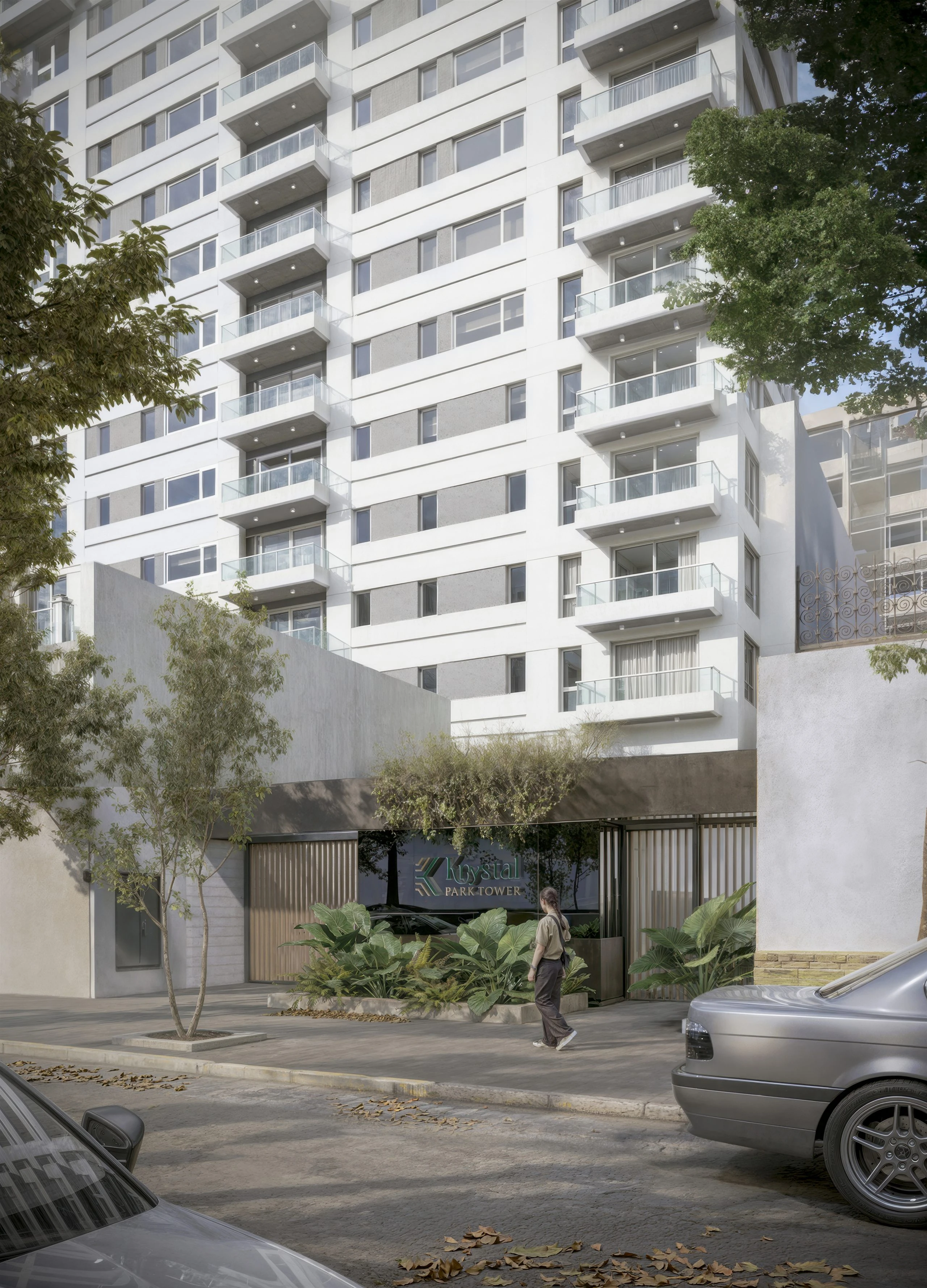 Krystal Park Tower — fachada lateral B, volumen completo