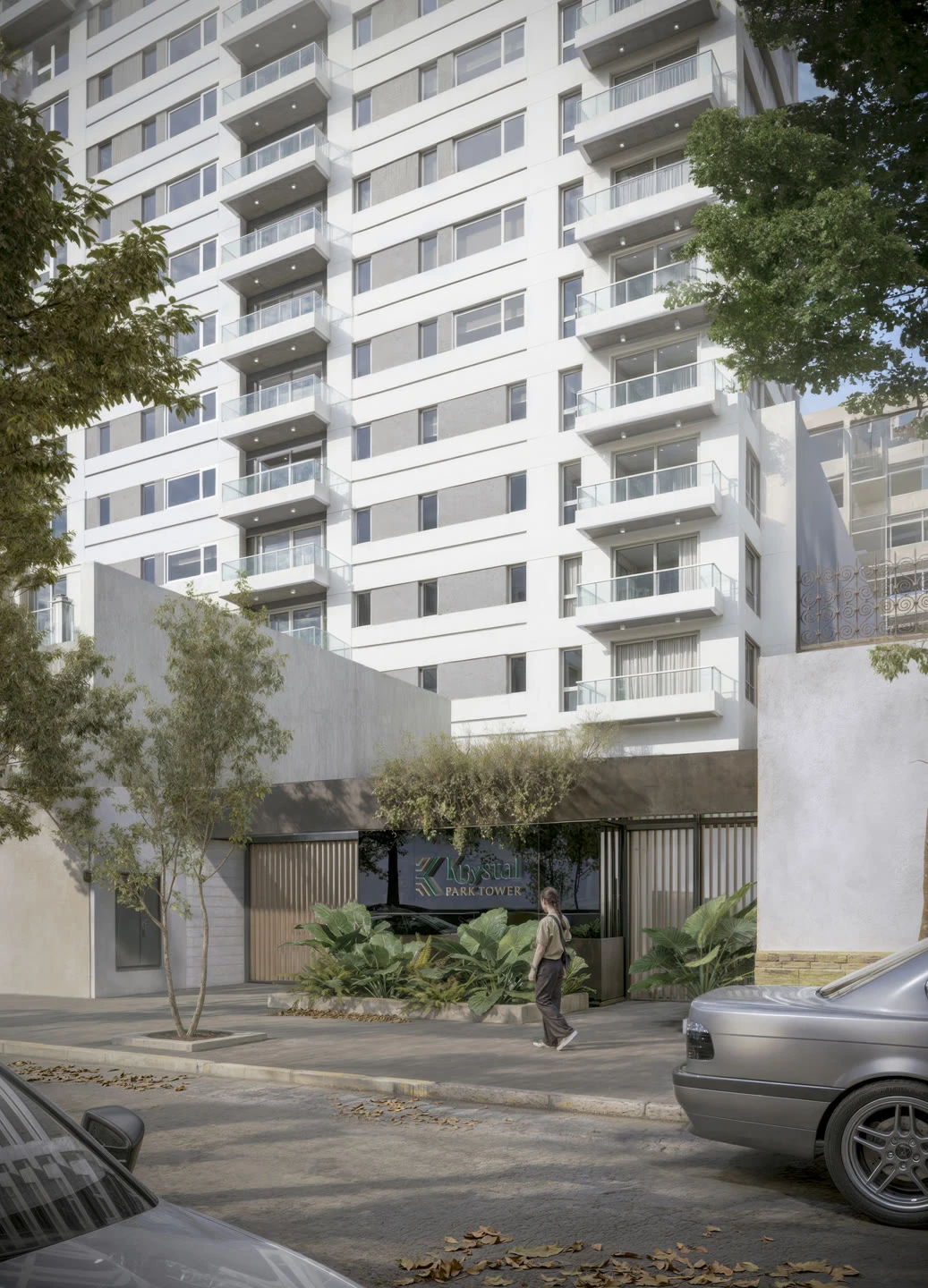Pre-sale architectural render — Krystal Park Tower, residential building in Buenos Aires