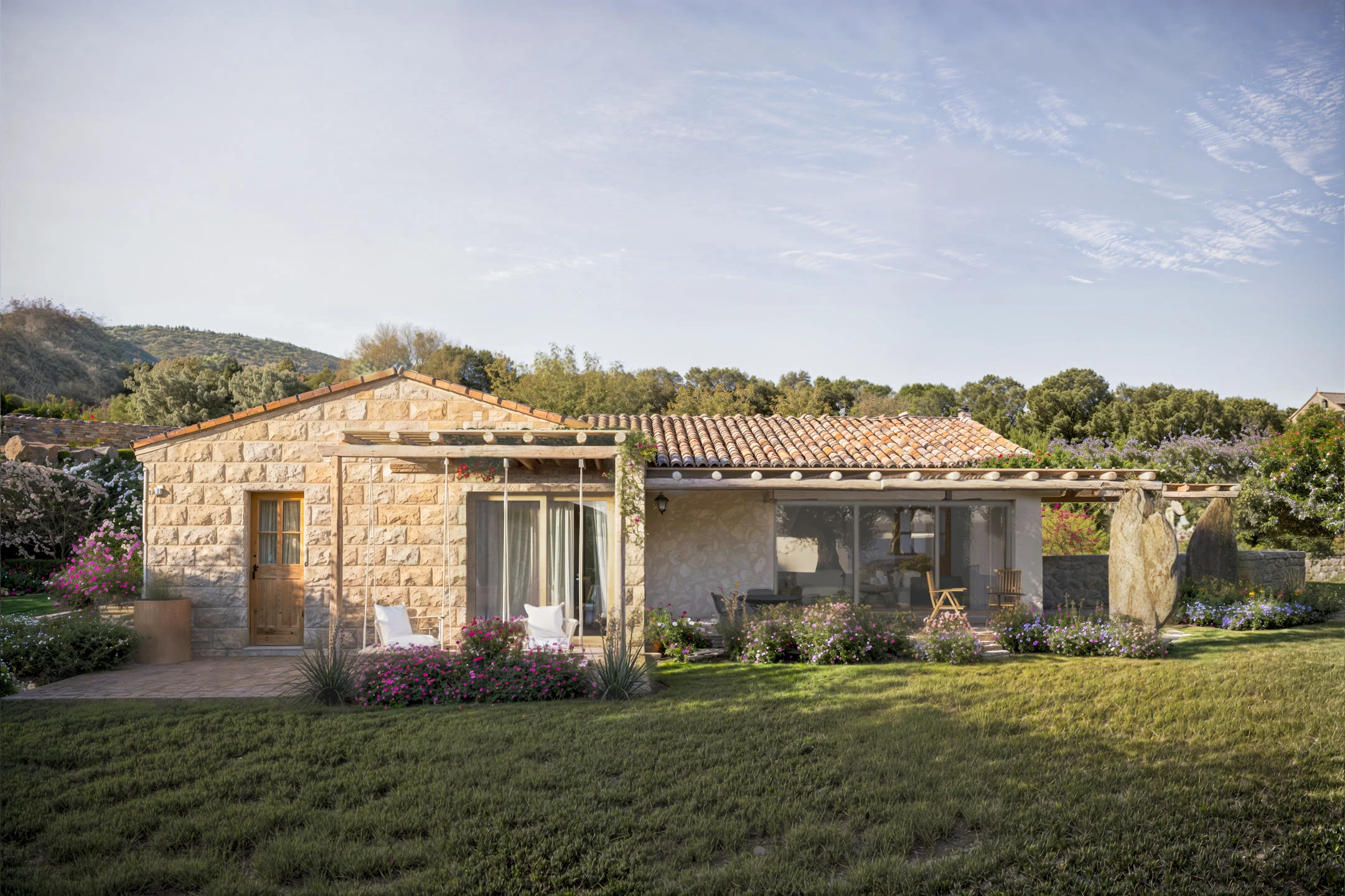 Render vs construction photo — when to use each · Stazzu rural house · Sardinia · Arcando Visual